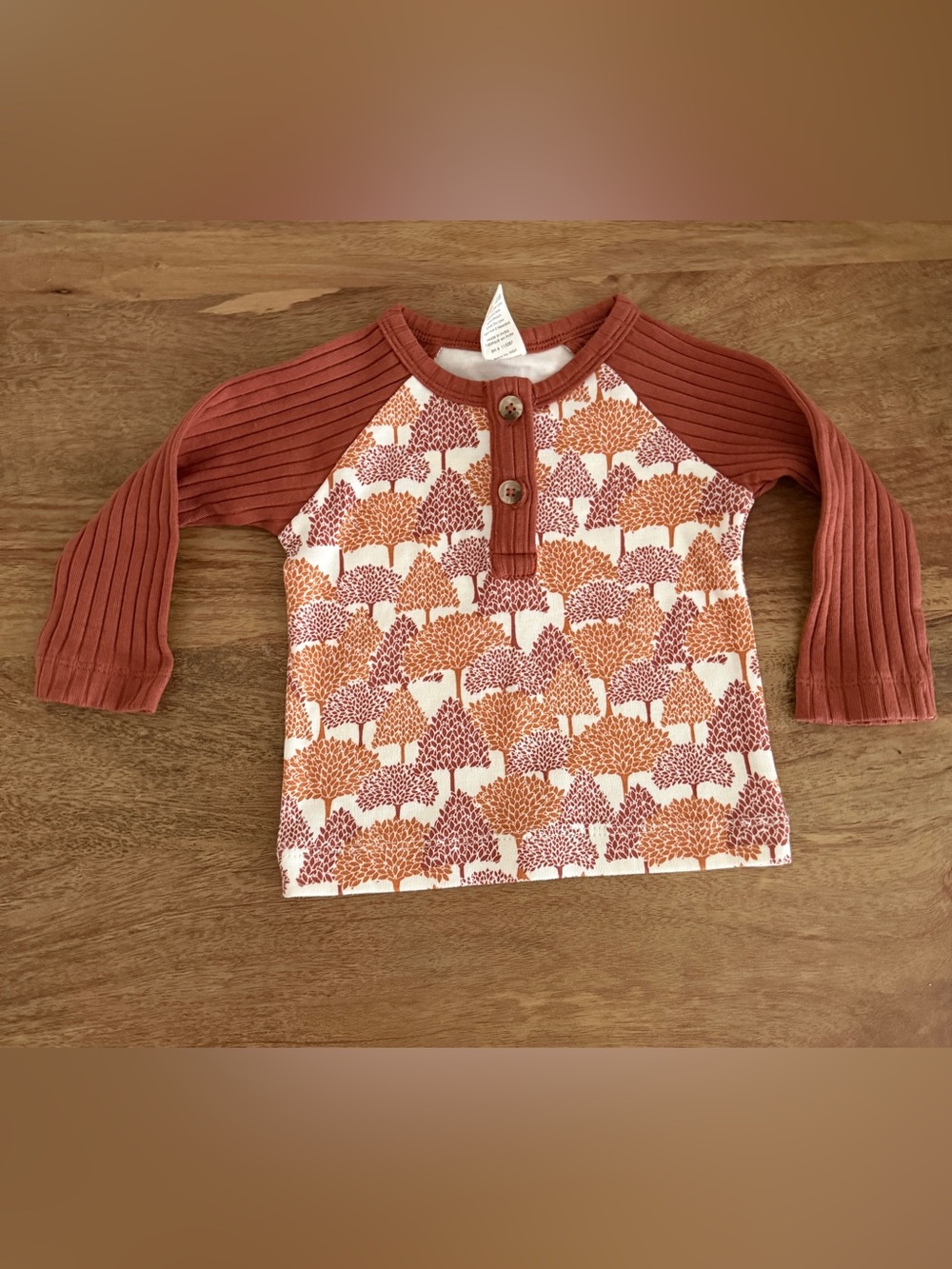 Kate Quinn Baby Raglan Top in Rust & Cream Forrest Tree Print/3-6 months/NWOT
